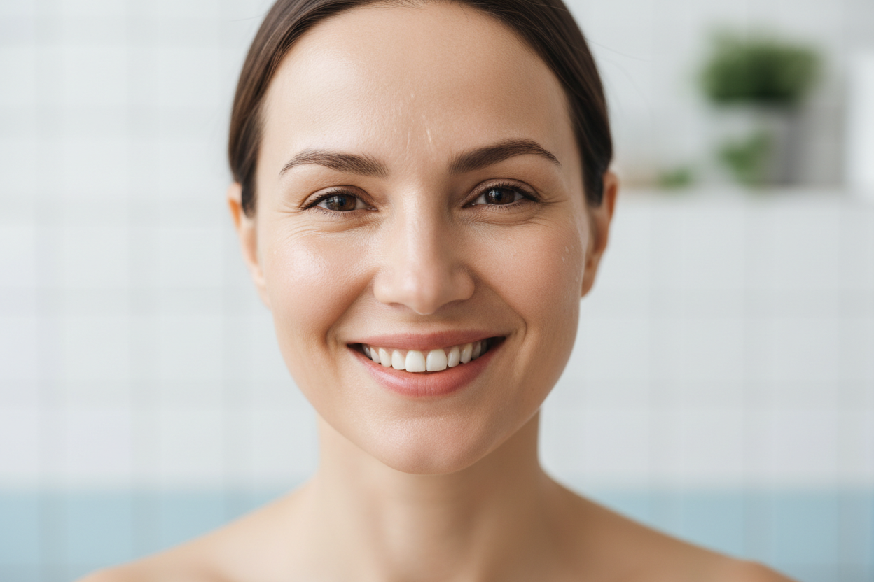 Can you generate an image of a woman, 35-40 years old, with fair skin smiling at the camera? She should look like she just finished using a facial cleanser.